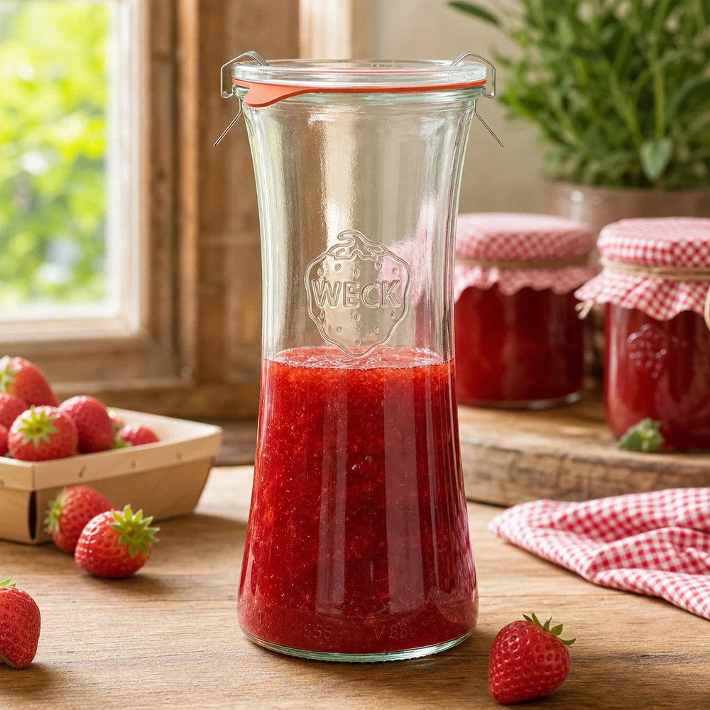 700ml delicatessenglas compleet WECK RR40 WECK RR80 700ml delicatessenpot gevuld met aardbeienjam, inmaakpot met draaidop in keukenscène