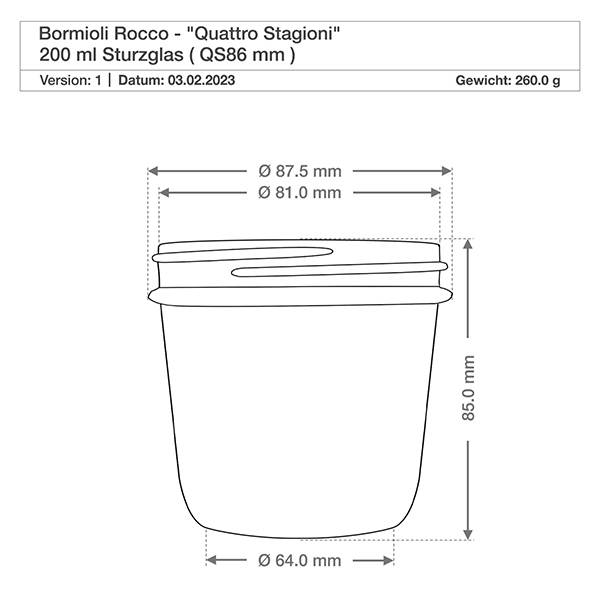 200ml "Quattro Stagioni" bekers met deksel 200ml beker Quattro Stagioni met deksel afmetingen 87,5mm diameter 85mm hoogte technische tekening Bormioli Rocco