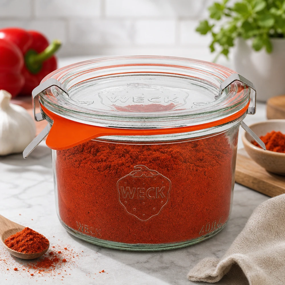 200ml stortglas compleet WECK RR80 WECK bekers 200ml RR80 gevuld met paprikapoeder tonen perfecte kruidenopslag in de moderne keuken