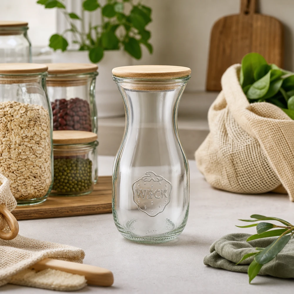 WECK sapfles 290ml met houten deksel in zero-waste keuken met voorraadpotten en jute zakken