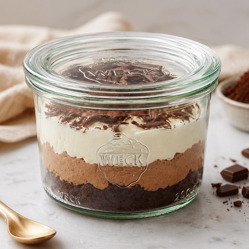 200ml stortglas met glazen deksel WECK RR80 WECK bekers 200ml RR80 gevuld met gelaagd dessert toont veelzijdig gebruik als dessertpot en serveerschaal