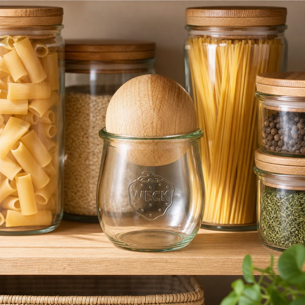 WECK tulpenpot 220ml RR60 met beuken bol deksel in moderne opbergkeuken naast pasta- en kruidenpotjes