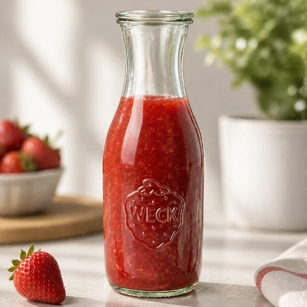 Sapfles van 1062 ml met glazen deksel WECK RR60 WECK sapfles 1062ml gevuld met vers aardbeiensap op aanrecht naast enkele aardbei en plant