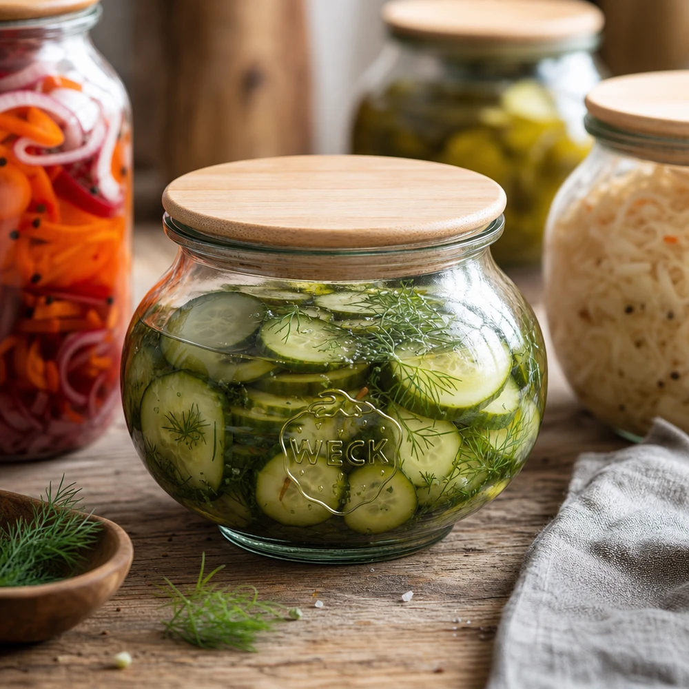 WECK decoratieve pot 560ml RR80 met houten deksel gevuld met ingemaakte komkommer en dille in een rustieke fermentatiekeuken