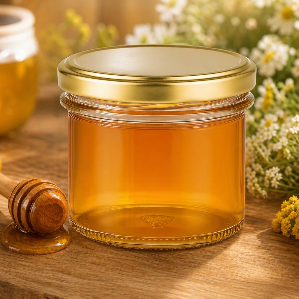 125ml bekers met BasicSeal deksel goud UNiTWIST 125ml Sturzglas gefüllt mit goldgelbem Honig neben Honiglöffel und Blumen - perfekt für Imkerei und Geschenke