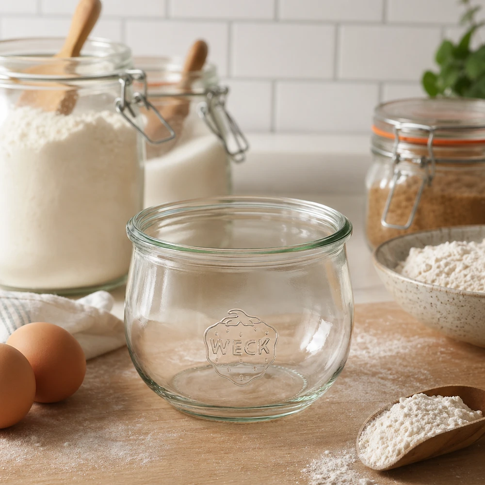 WECK RR100 tulpvormige pot van 580 ml WECK tulpenpot 580ml RR100 inmaakpot in keuken met bloem, eieren en voorraadpotten op houten werkblad