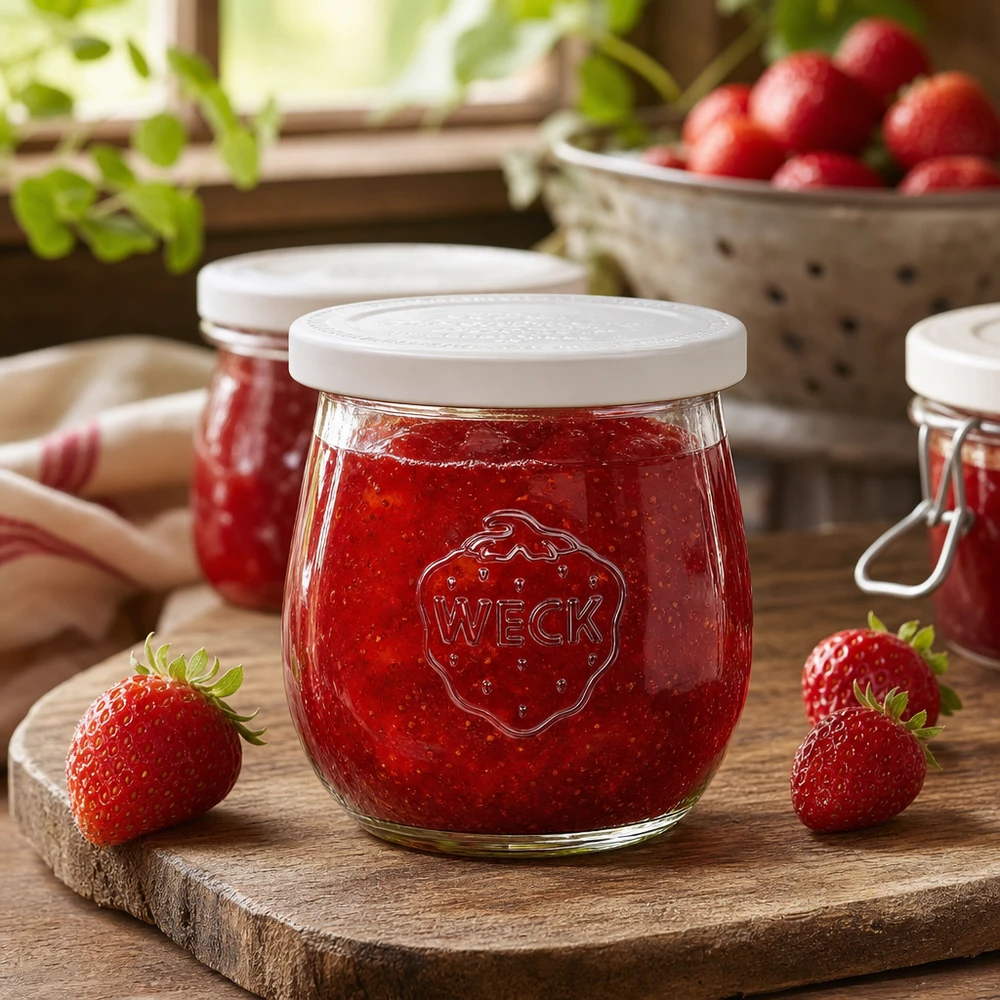 WECK tulpenpot 220ml RR60 gevuld met aardbeienjam op een houten plank - inmaakpot gedecoreerd in een rustieke keukenstijl