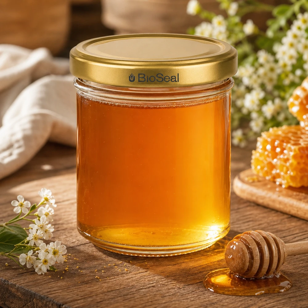 Honingpot 200 g met gouden BioSeal UNiTWIST-deksel BioSeal 200g honingpot gevuld met gouden honinglepel honingraat bloemen rustieke houten decoratie
