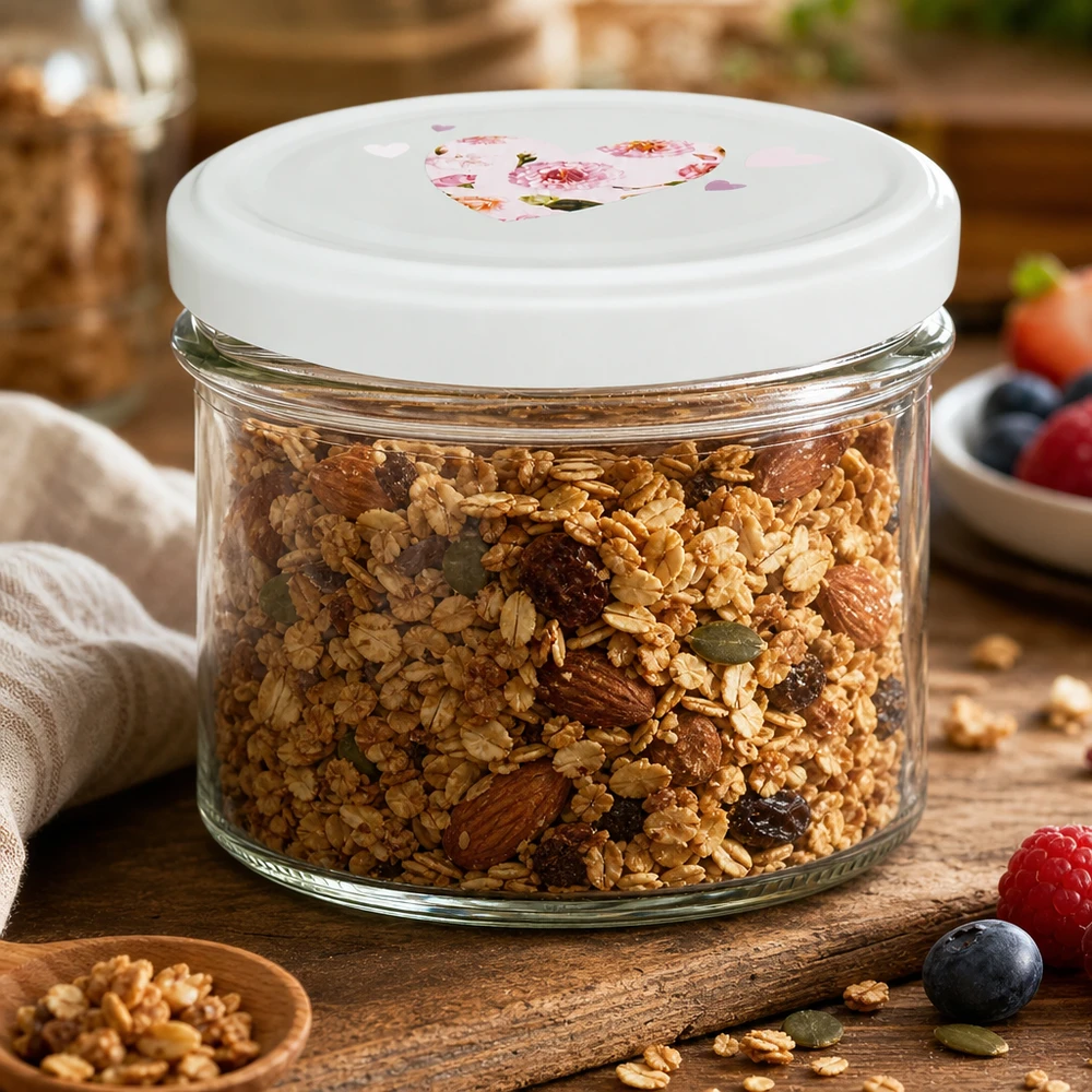 Glazen van 225 ml + BasicSeal-deksel met munt hart UNiTWIST 225 ml mint BasicSeal dekselpot gevuld met muesli en noten toont luchtdicht behoud van versheid