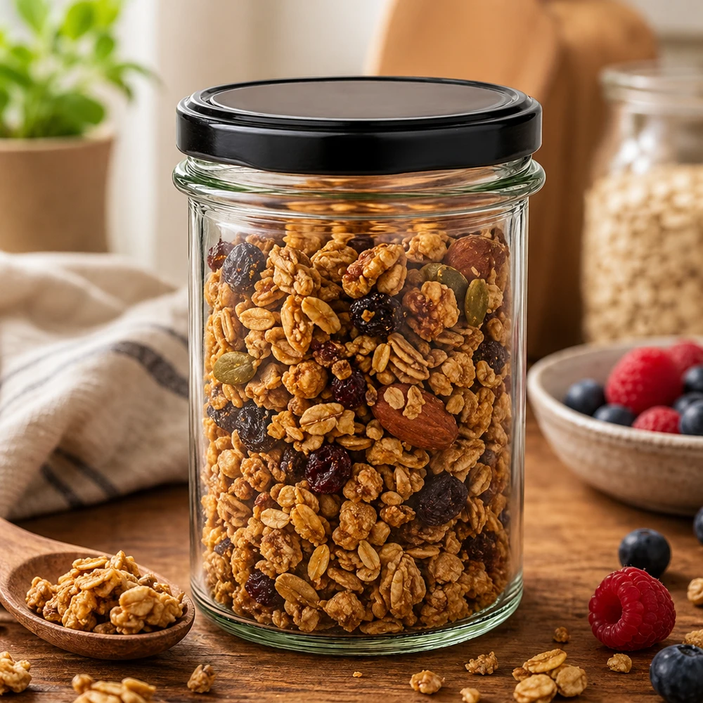 230ml bekers met BasicSeal deksel zwart UNiTWIST 230 ml BasicSeal zwarte pot gevuld met notenmix muesli toont veelzijdige opslag voor gedroogd fruit snacks
