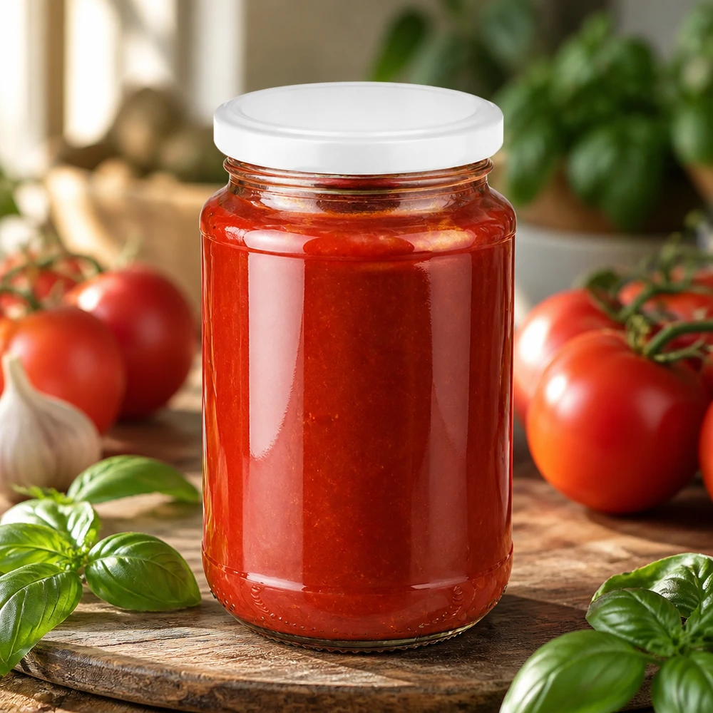UNiTWIST ronde glazen pot van 320 ml met witte BasicSeal voor het bewaren van verse tomatensaus met basilicum