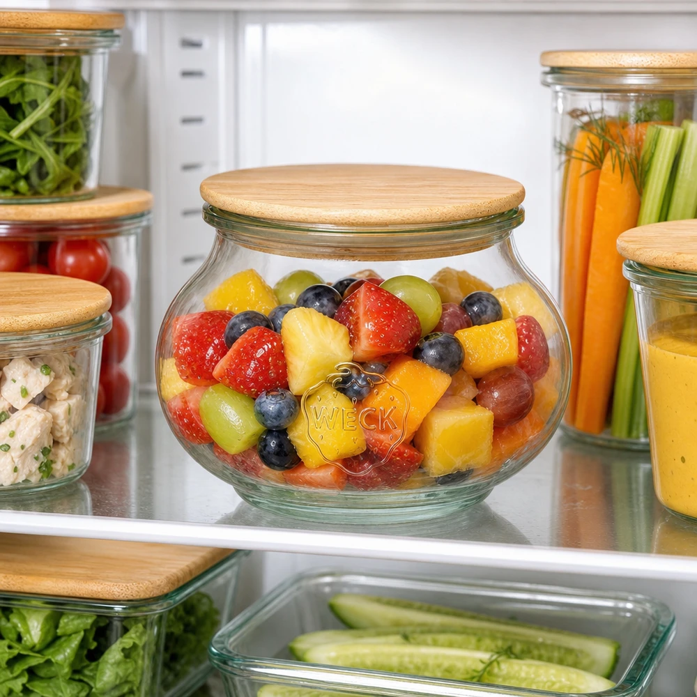 WECK voorraadpot 560ml RR80 met houten deksel gevuld met fruitsalade in de koelkast georganiseerd voedsel bewaren