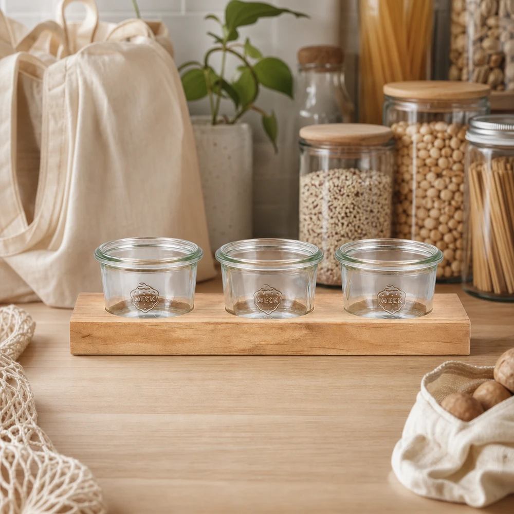Serveerplank Plano3 met 3 Weck-glazen van 80 ml Duurzame serveerplank Plano3 met 3 lege Weck 80ml bekers in zero-waste keuken met voorraadpotten