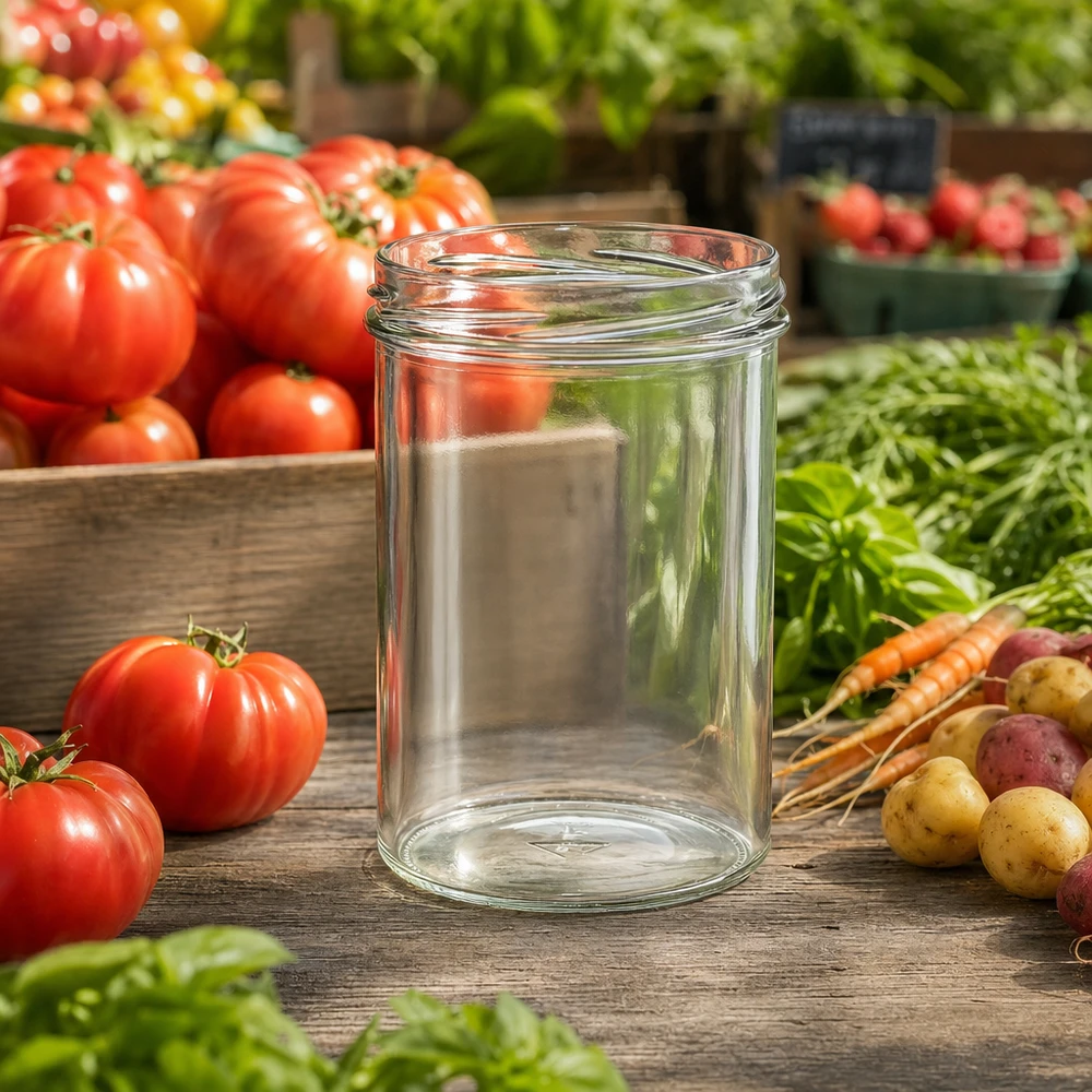 435ml beker zonder deksel (TO82) UNiTWIST UNiTWIST Sturz435 inmaakpot 435ml TO82 op houten tafel met verse tomaten wortelen en kruiden in de tuin