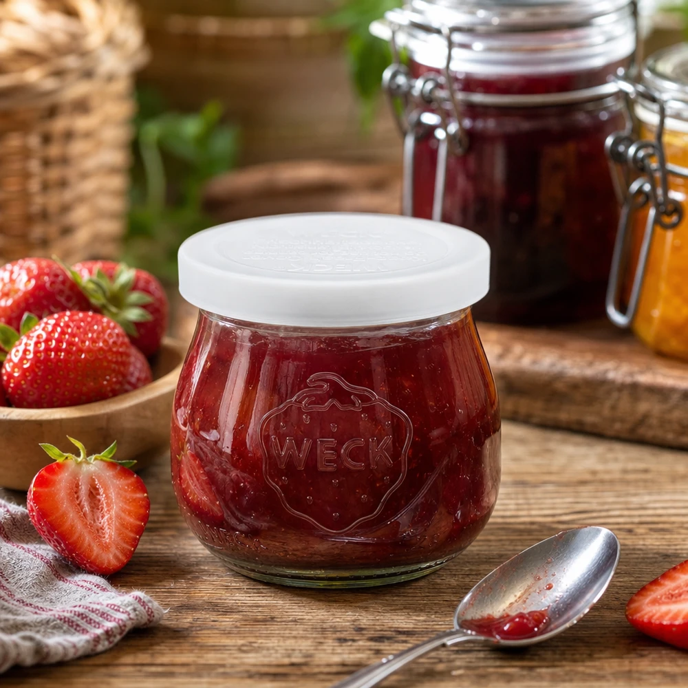 75ml tulpenglas met vershouddeksel WECK RR40 WECK 75 ml tulp potje gevuld met aardbeienjam naast verse aardbeien op houten tafel RR40 inmaakpotje