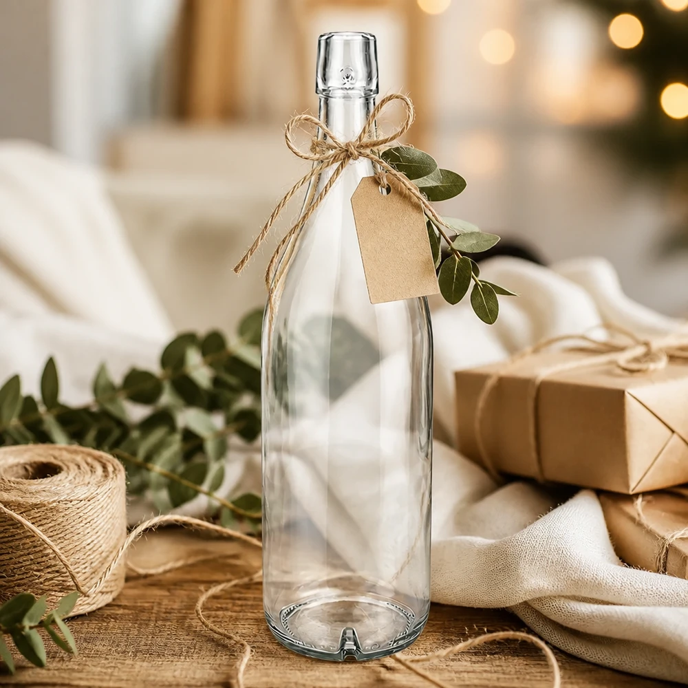 1000ml glazen fles zonder draaidop UNiTWIST 1000ml glazen fles UNiTWIST leeg gedecoreerd met jute koord en cadeaulabel als cadeau-idee op een houten voet