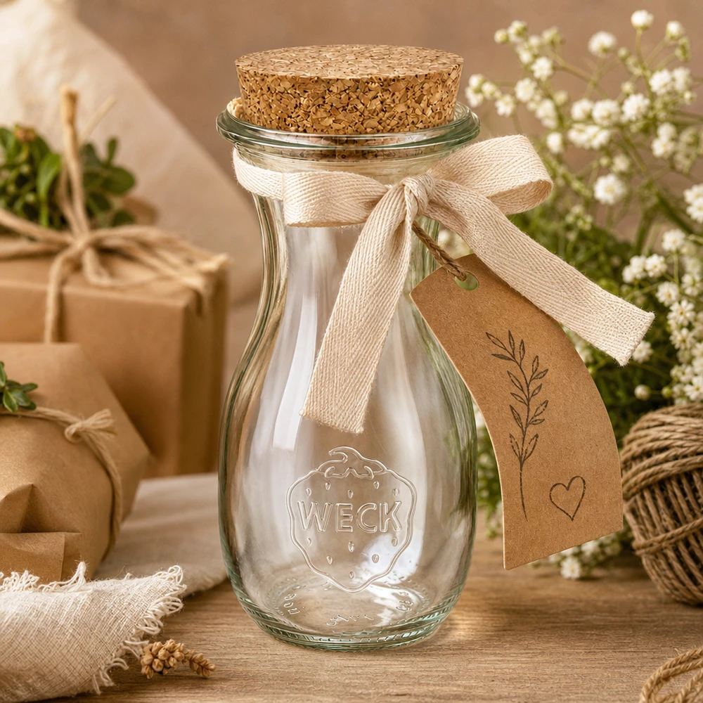 290ml sapflessen WECK RR60 met kurk WECK sapfles 290ml decoratief met strik en cadeaulabel als cadeau-idee in een natuurlijke decoratieve omgeving