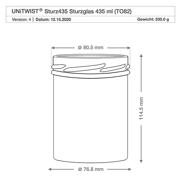 435ml beker zonder deksel (TO82) UNiTWIST Technische tekening UNiTWIST Sturz435 inmaakpot 435ml met afmetingen Diameter 80,5mm Hoogte 114,5mm TO82