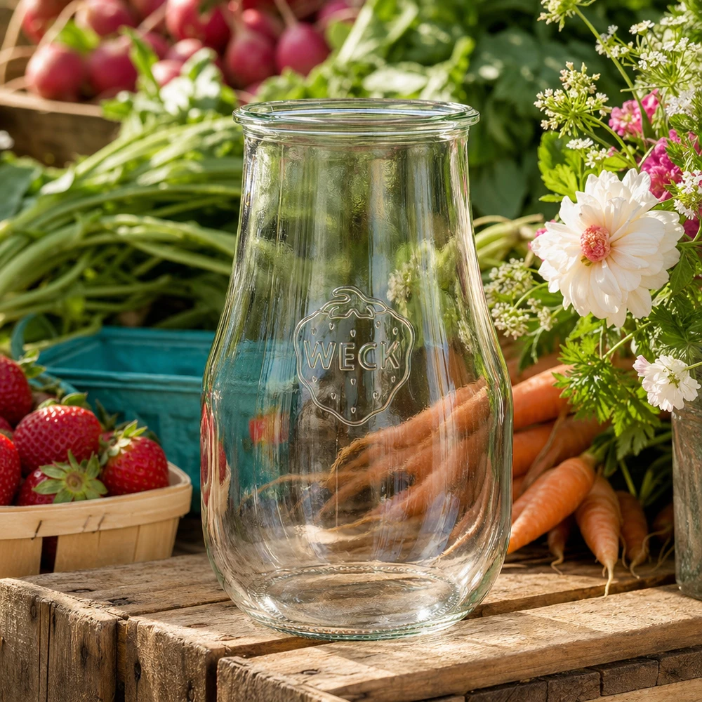 WECK tulpenpot 2700ml RR100 leeg op houten tafel gedecoreerd met verse wortels aardbeien en bloemen in tuinstijl