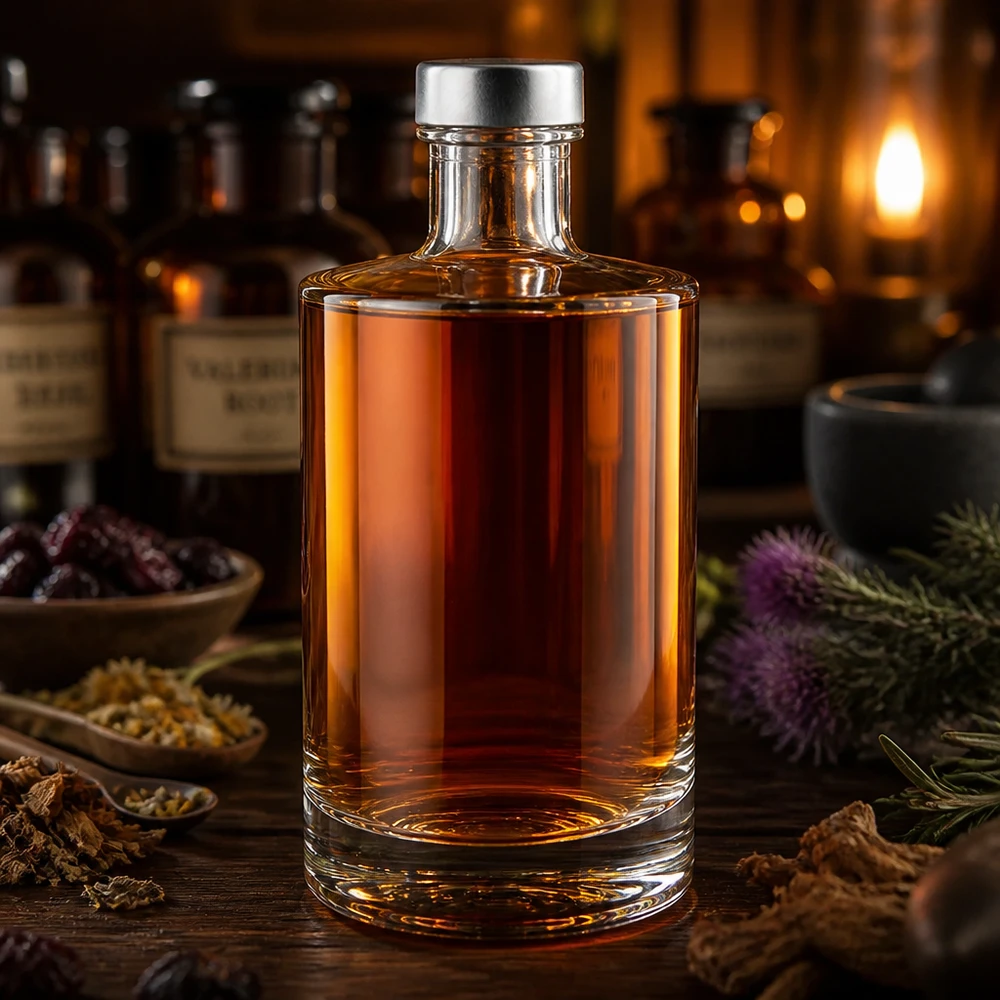 375 ml glazen fles Sam en schroefdop zilver UNiTWIST® 375 ml Sam glazen fles met amberkleurige vulling en zilveren schroefdop in rustieke sfeer met botanische kruiden