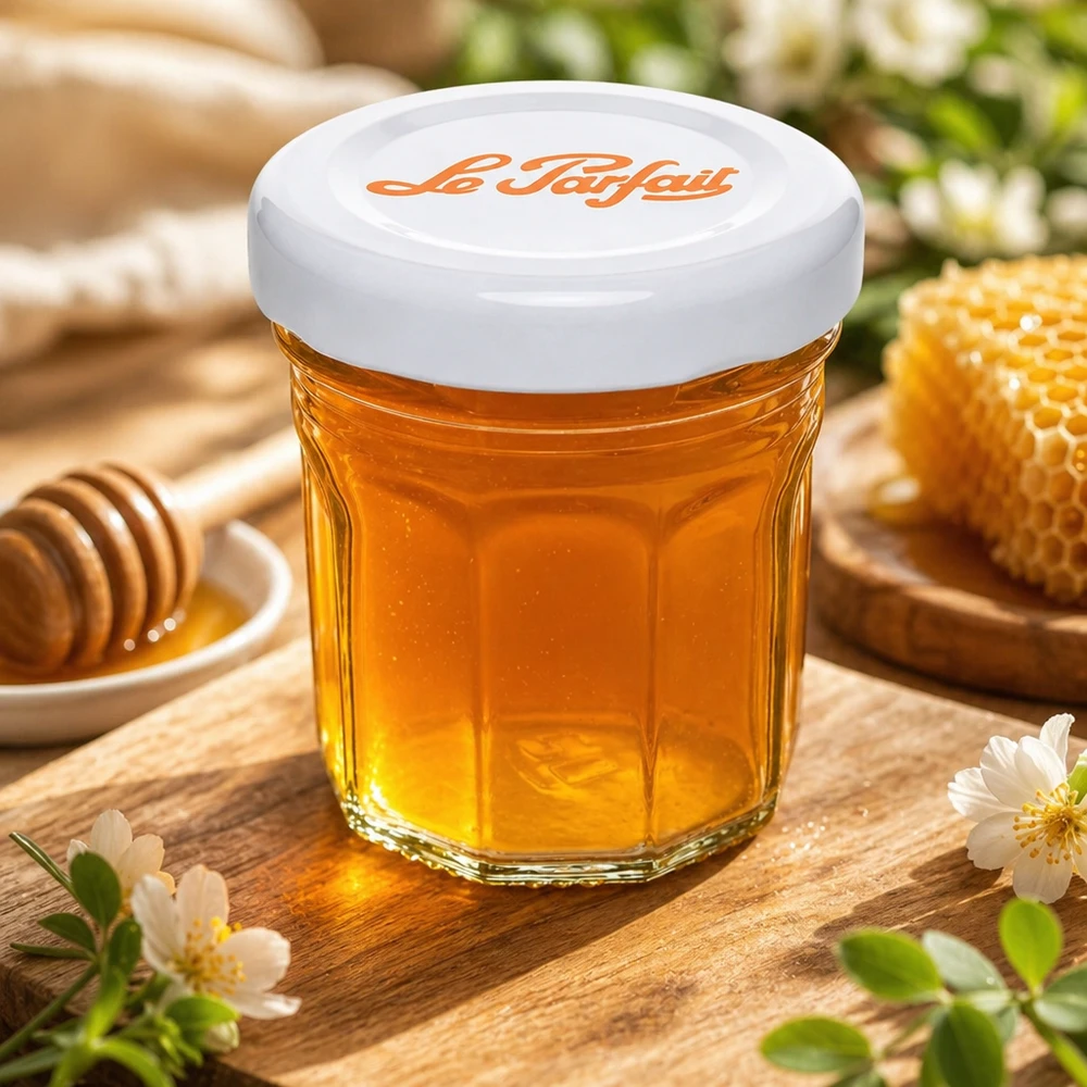 Le Parfait® Mini‑Jam 44 ml Ø48 mm pot Le Parfait mini tumblers 44ml gevuld met honing naast honingraat en honinglepel op houten tafel met bloemdecoratie