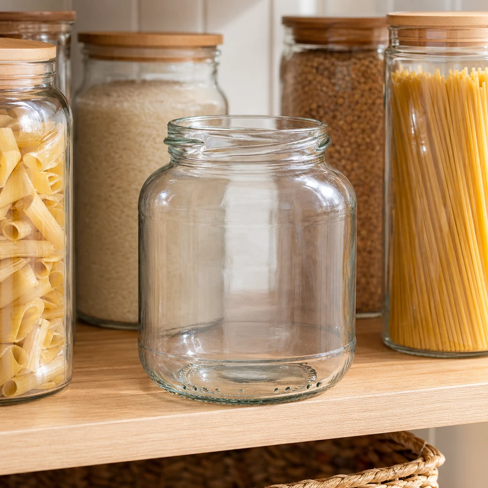 UNiTWIST Oval370 inmaakpot 370ml leeg op houten plank tussen gevulde voorraadpotten met pasta en ontbijtgranen