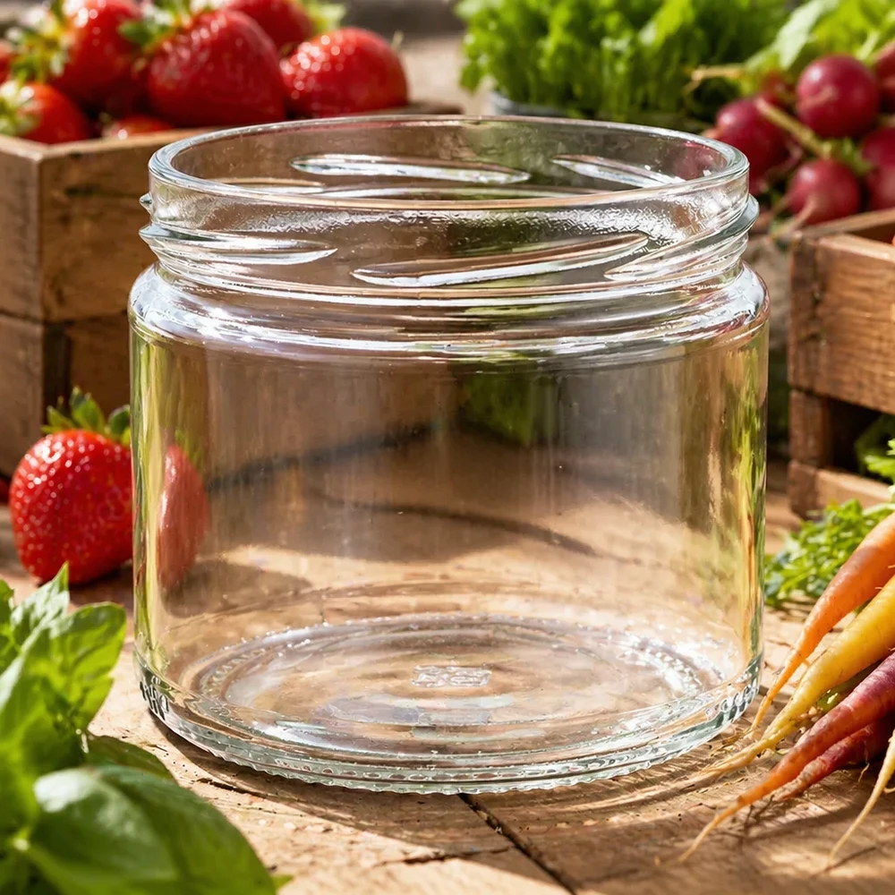330ml rond glas zonder deksel (TO82) UNiTWIST UNiTWIST Runda330 rond glas 330ml TO82 leeg gerangschikt op een houten plank met verse groenten aardbeien wortelen radijzen