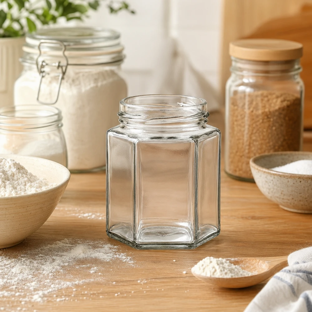 196ml hexaglas zonder deksel (TO58) UNiTWIST UNiTWIST Hexa196 zeshoekige pot 196ml TO53 draad leeg op houten tafel in moderne keuken met voorraadpotten