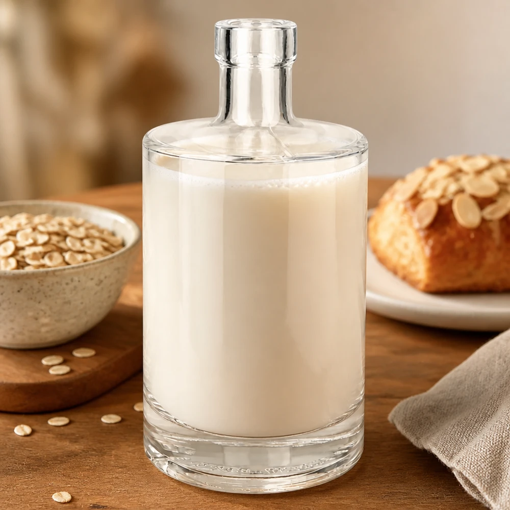 500 ml glazen fles Marie zonder sluiting UNiTWIST® 500 ml glazen fles Marie gevuld met havermelk naast havervlokken en brood toont veelzijdigheid voor melkalternatieven