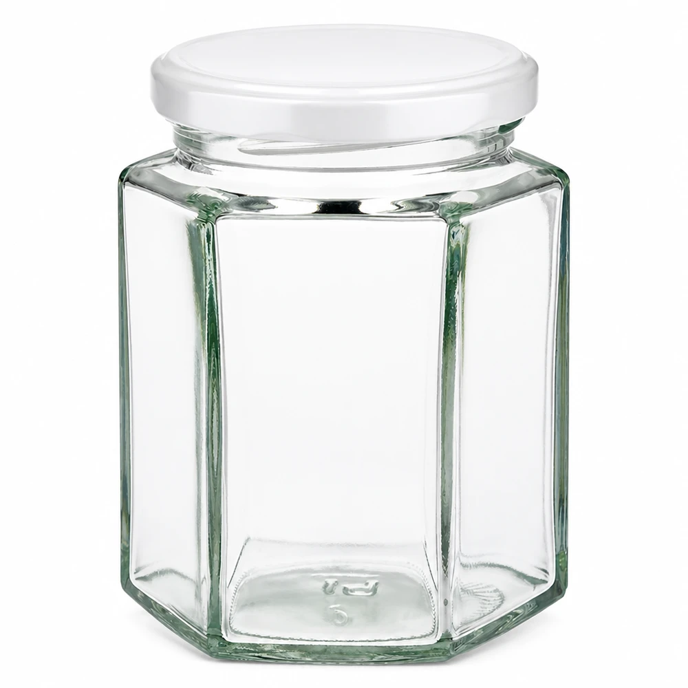 191 ml Hexaglas + BasicSeal-deksel, wit, UNiTWIST® UNiTWIST Hexaglas 191 ml in zeshoekige vorm van helder glas met een wit metalen deksel BasicSeal