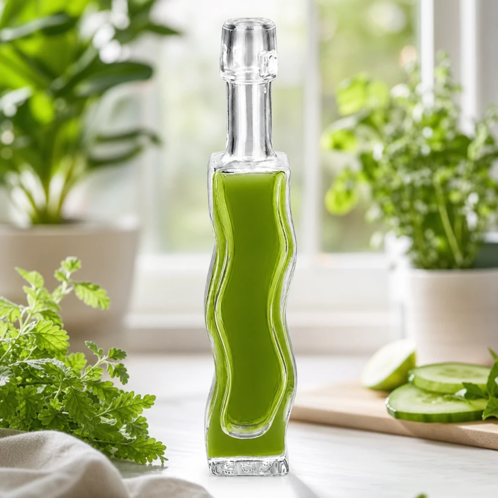 40 ml glazen fles Fila zonder beugel UNiTWIST® 40ml glazen fles Anna gevuld met groene kruiden extract peterselie decoratie heldere vensterbank natuurlijke cosmetica sfeer