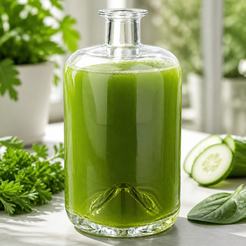 700 ml apothekersfles Sofia zonder sluiting UNiTWIST® 700 ml glazen fles Sofia gevuld met groene smoothie naast komkommer peterselie en spinazie gezond eten scène