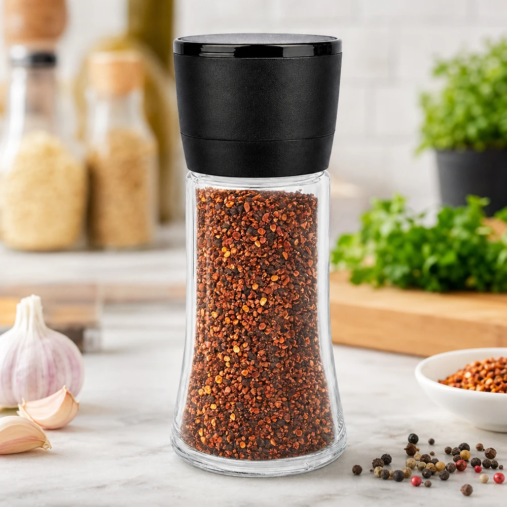 Zout-/kruidenpotje 95 ml met molen Vario zwart Zwarte Molen Vario op een doorzichtige glazen pot van 95 ml, gevuld met rode chilivlokken in een keukensetting