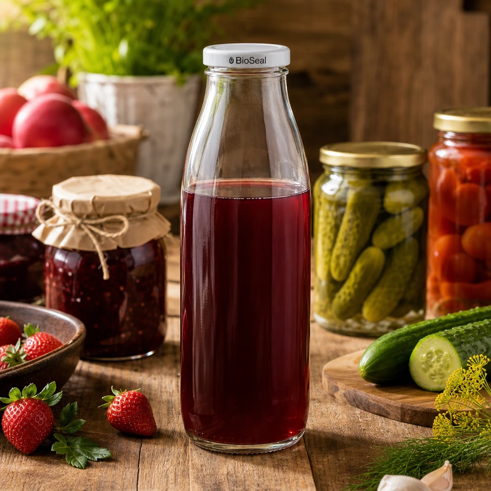 500ml fles met BioSeal deksel wit UNiTWIST 500 ml glazen fles gevuld met rood sap, BioSeal deksel wit, omringd door inmaakpotten en verse komkommers