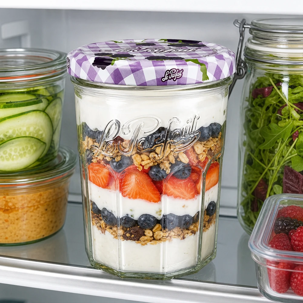 Le Parfait® Jam 385 ml Ø82 mm confituurpot Le Parfait tumblers 385ml met yoghurt en bessenparfait in de koelkast tonen veelzijdig gebruik als voorraadpotje