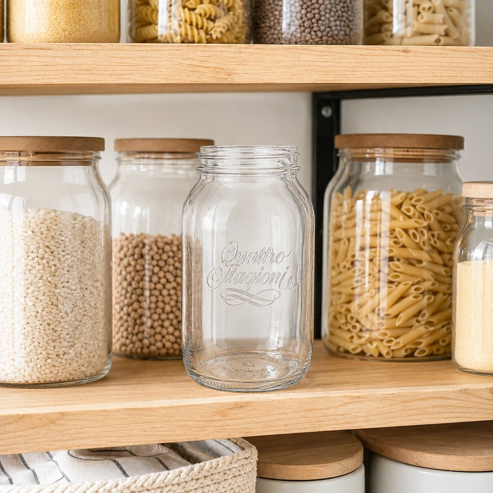 1500ml Quattro Stagioni huishoudpot leeg op een houten plank naast voorraadpotten gevuld met pasta en peulvruchten