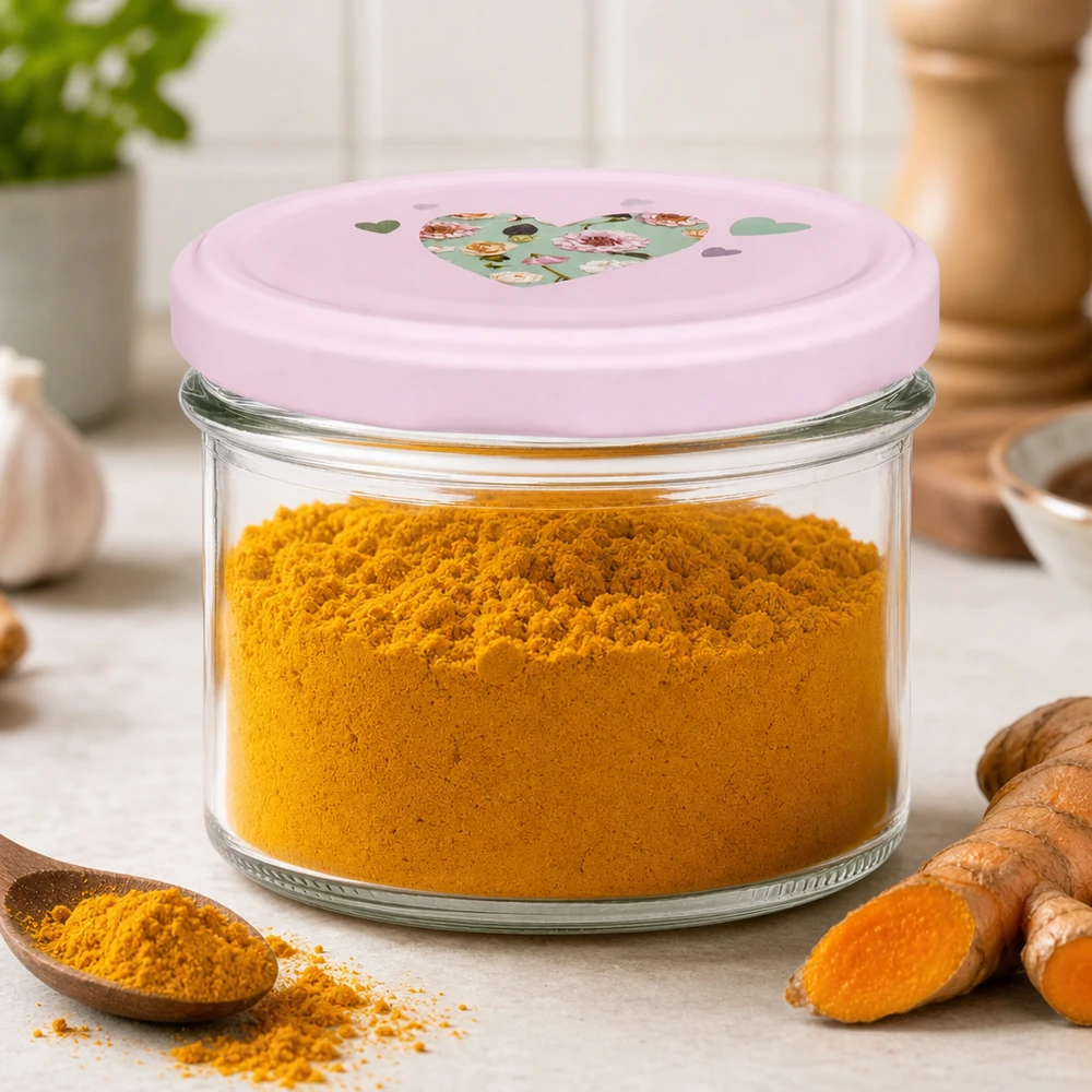 Glazen van 225 ml + BasicSeal-deksel met roze hart UNiTWIST Kurkumapoeder in een pot van 225 ml met een roze hartvormig deksel in de keuken naast verse kurkumawortels