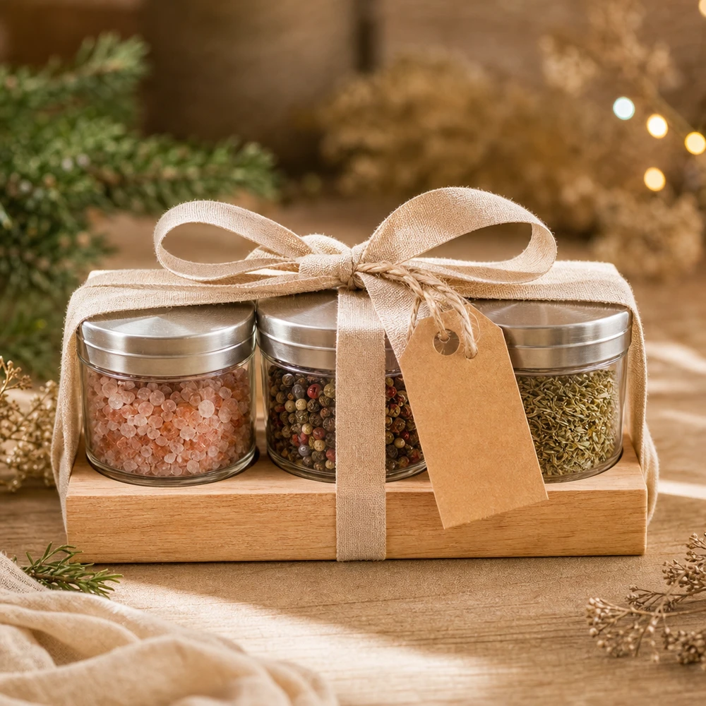Serveerplank Plano3 voor 3 WECK-glazen Plano3 serveerplank cadeauset met kruiden in WECK potjes - Himalaya zout peper kruiden in houten kistje met strik