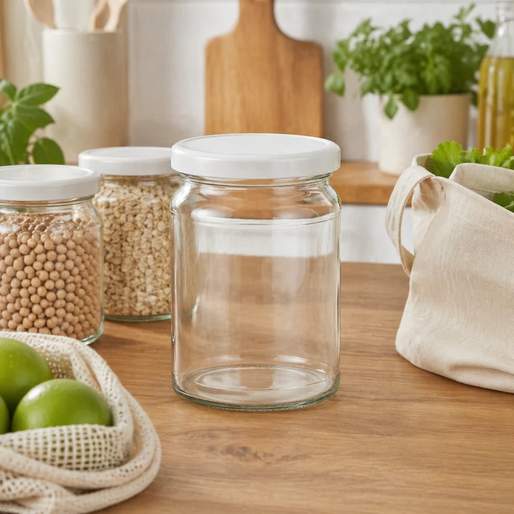 205ml rond glas met BasicSeal deksel wit UNiTWIST 205ml Rundglas UNiTWIST in nachhaltiger Zero-Waste Küche mit Getreide und Öko-Beuteln - umweltfreundliche Vorratshaltung