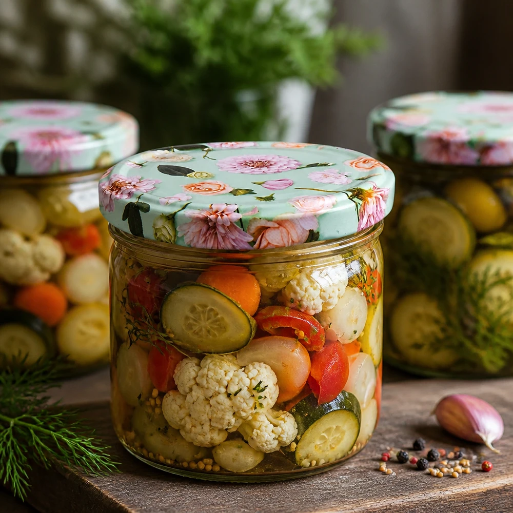 260 ml tumbler + BasicSeal-deksel met muntbloem UNiTWIST 260 ml glazen pot met munt en BasicSeal bloemdeksel gevuld met ingemaakte gemengde groenten en kruiden als conserven