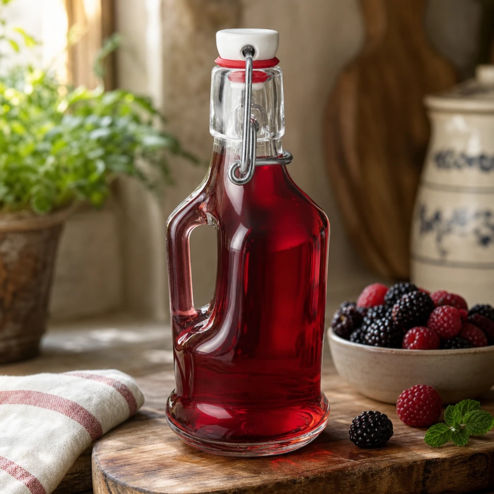 200ml glazen fles Bertha met rode bessen vulling lifestyle tafereel keuken sfeer porselein klapdeksel UNiTW