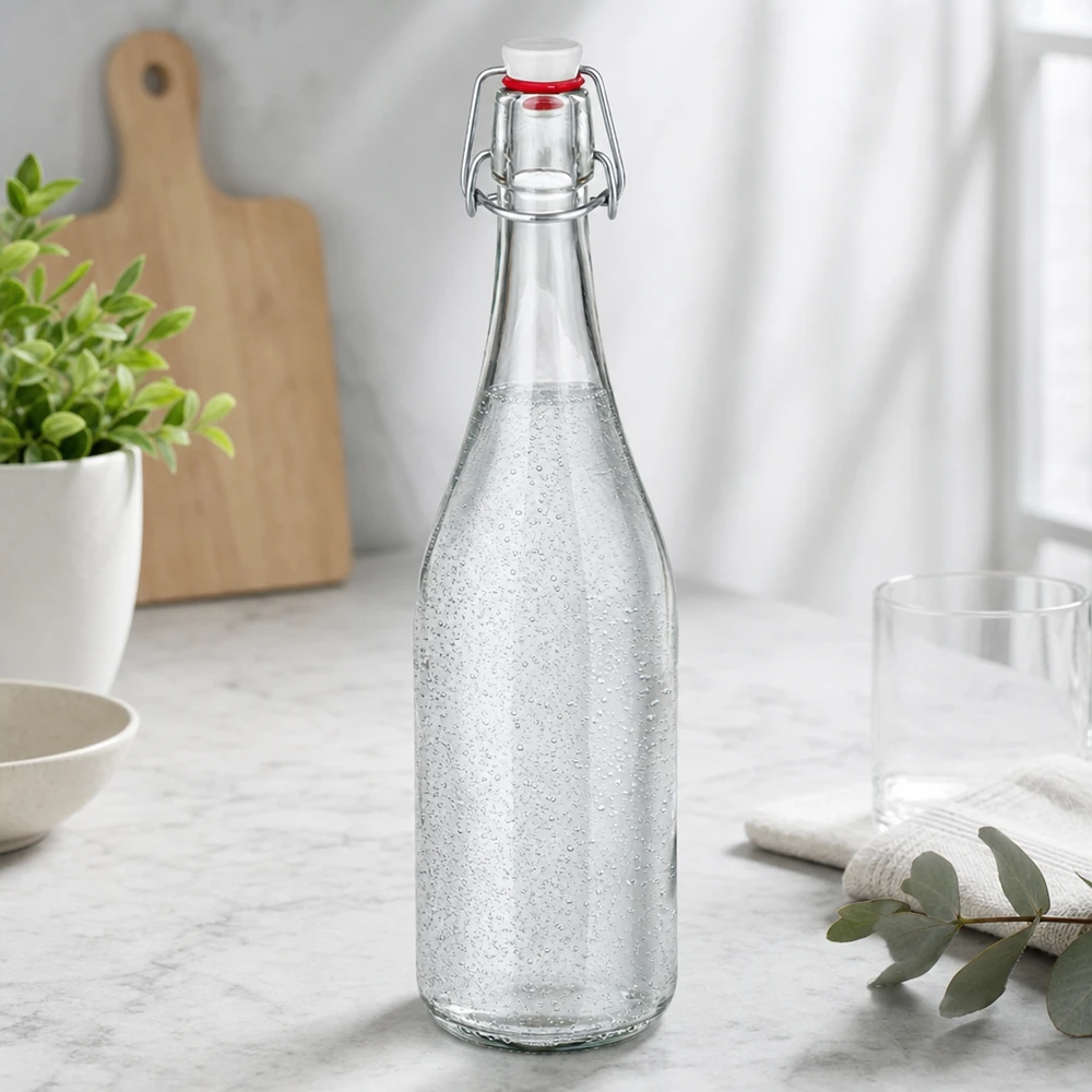750 ml glazen fles + draaidop PVC UNiTWIST 750 ml glazen fles met draaidop gevuld met bruisend water Modern keukendecor marmeren werkblad