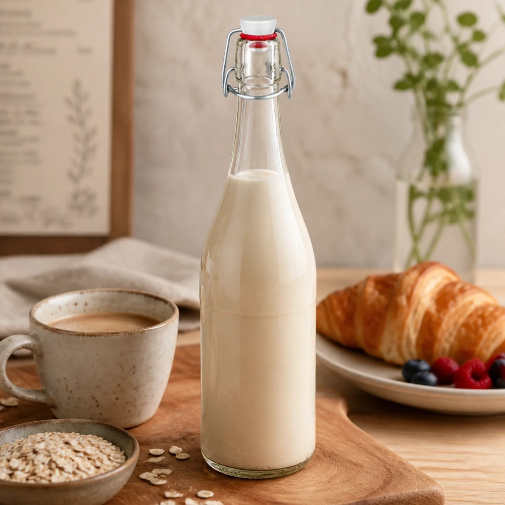 750 ml glazen fles + draaidop PVC UNiTWIST 750ml glazen fles met draaidop gevuld met melk Keukenscène ontbijt croissant havervlokken naturel