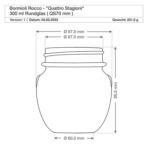 300 ml rond glas "Quattro Stagioni" met deksel Technische tekening 300ml rond glas Quattro Stagioni met afmetingen en deksel van Bormioli Rocco