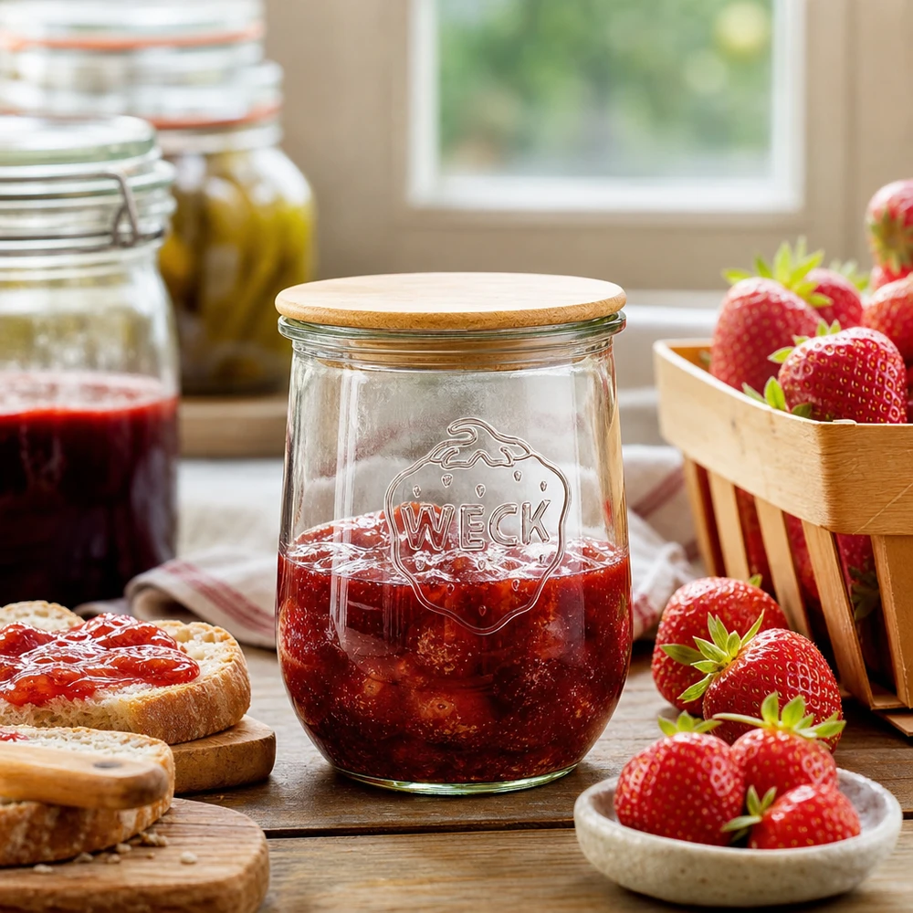 WECK tulpenpot RR100 1062ml met houten deksel gevuld met aardbeienjam op keukentafel met verse aardbeien