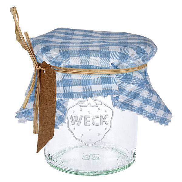 Stoffen lapje voor deksel lichtblauw geruit 12cm hoekig Stoffen lapje voor deksel lichtblauw geruit 12cm hoekig