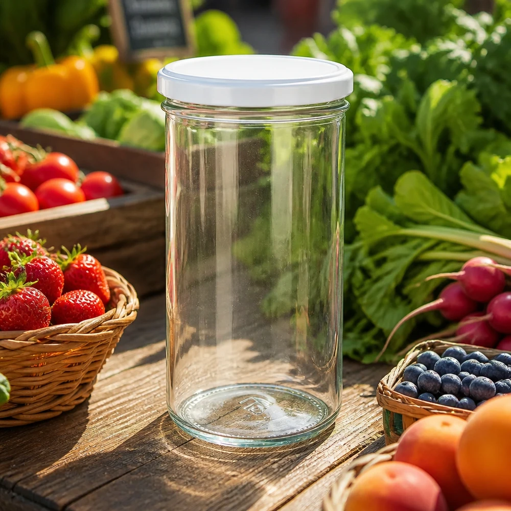 277ml bekers met BasicSeal deksel wit UNiTWIST 277 ml mason jar met wit deksel op een houten tafel omringd door vers fruit en groenten - ideaal om te bewaren