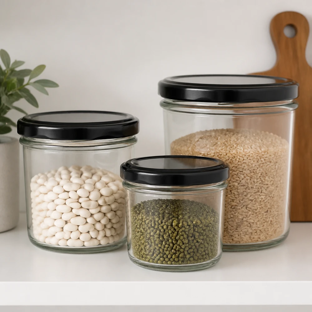 230ml bekers met BasicSeal deksel zwart UNiTWIST 230ml Sturzglas Größenvergleich mit verschiedenen Hülsenfrüchten und Reis zeigt ideale Portionierung für Vorratshaltung