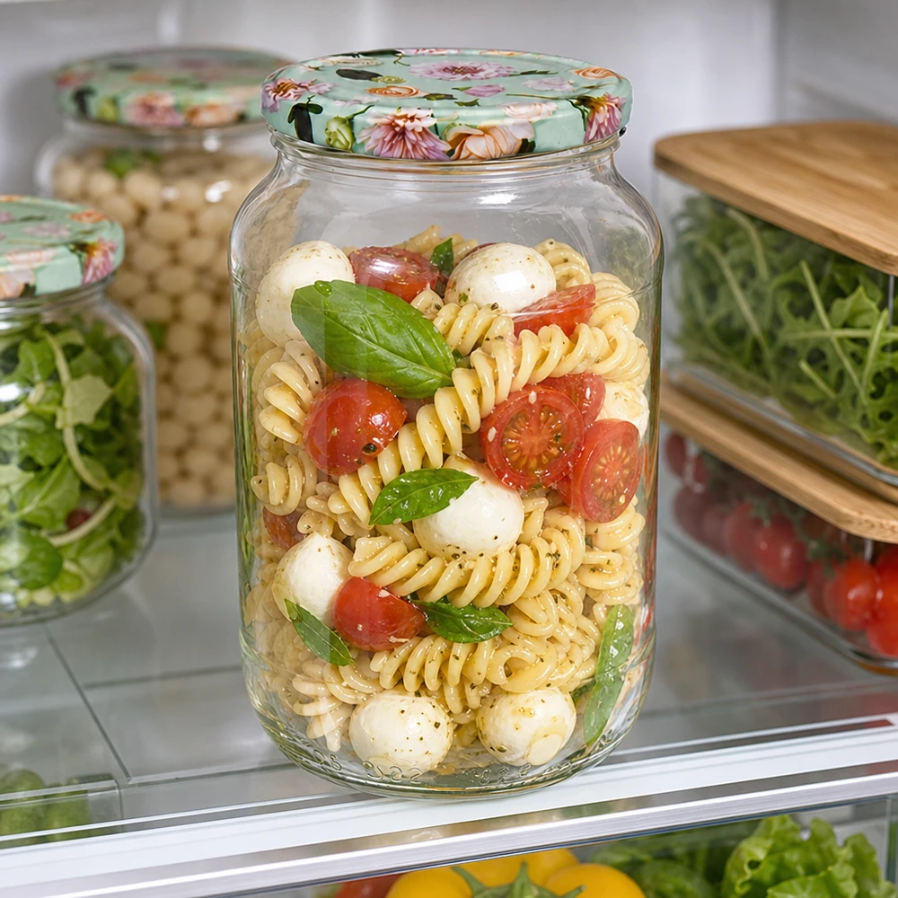 Ronde pot 1062ml met BasicSeal deksel bloemenmunt gevuld met pastasalade in de koelkast Meal Prep Container