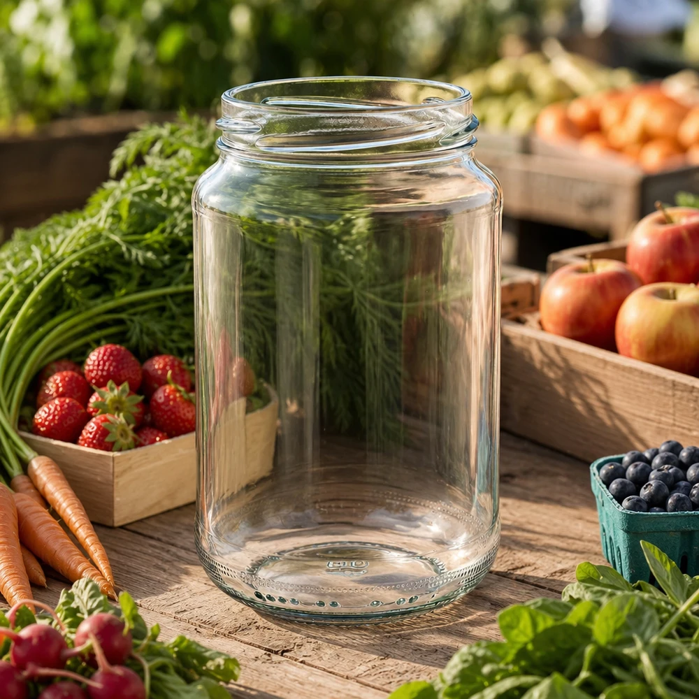 375ml rond glas zonder deksel (TO63) UNiTWIST UNiTWIST Runda375 rond glas 375ml TO63 op een houten tafel omringd door verse groenten, fruit en kruiden in de tuin